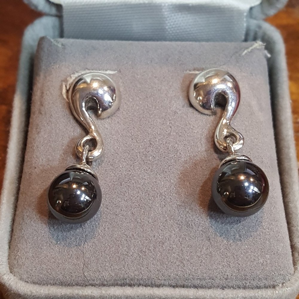 Sterling Silver Hematite Ball Drop Earrings 1" Classy
